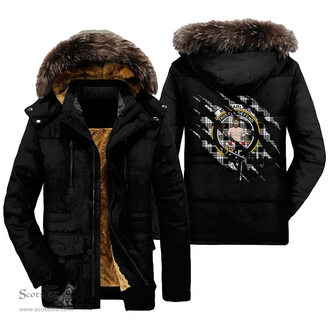 ScotsTee Shop Scottish MacFarlane Black White Clan Crest Tartan Scratch Tartan Faux Fur Hooded Parka Jacket
