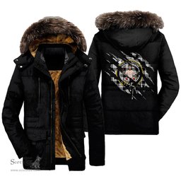 ScotsTee Shop Scottish MacFarlane Black White Clan Crest Tartan Scratch Tartan Faux Fur Hooded Parka Jacket