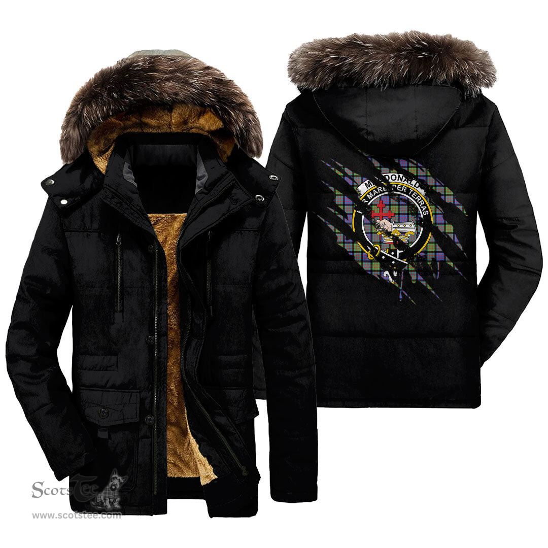 ScotsTee Shop Scottish MacDonald Ancient Clan Crest Tartan Scratch Tartan Faux Fur Hooded Parka Jacket