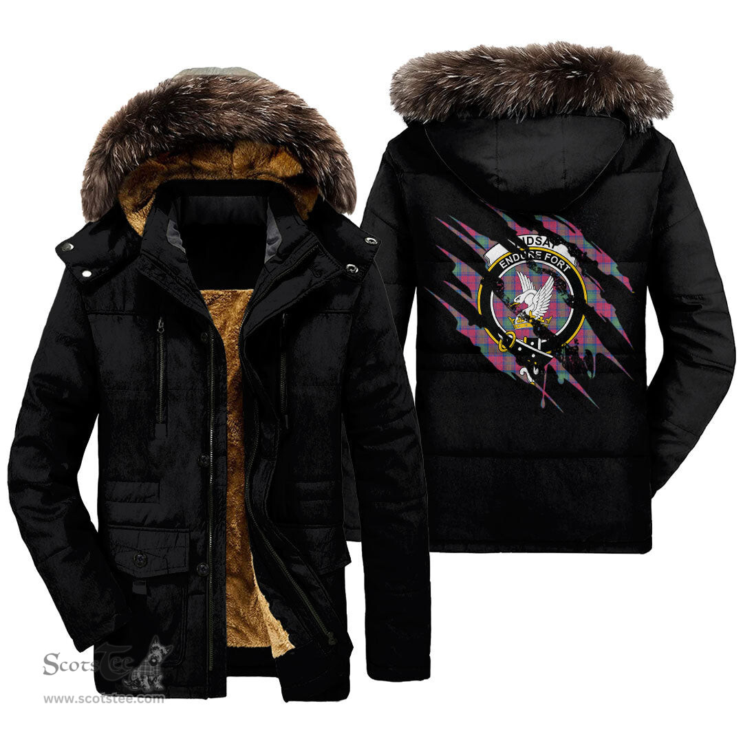ScotsTee Shop Scottish Lindsay Ancient Clan Crest Tartan Scratch Tartan Faux Fur Hooded Parka Jacket