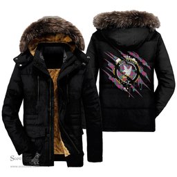ScotsTee Shop Scottish Lindsay Ancient Clan Crest Tartan Scratch Tartan Faux Fur Hooded Parka Jacket