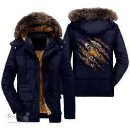 ScotsTee Shop Scottish MacPherson Ancient Clan Crest Tartan Scratch Tartan Faux Fur Hooded Parka Jacket