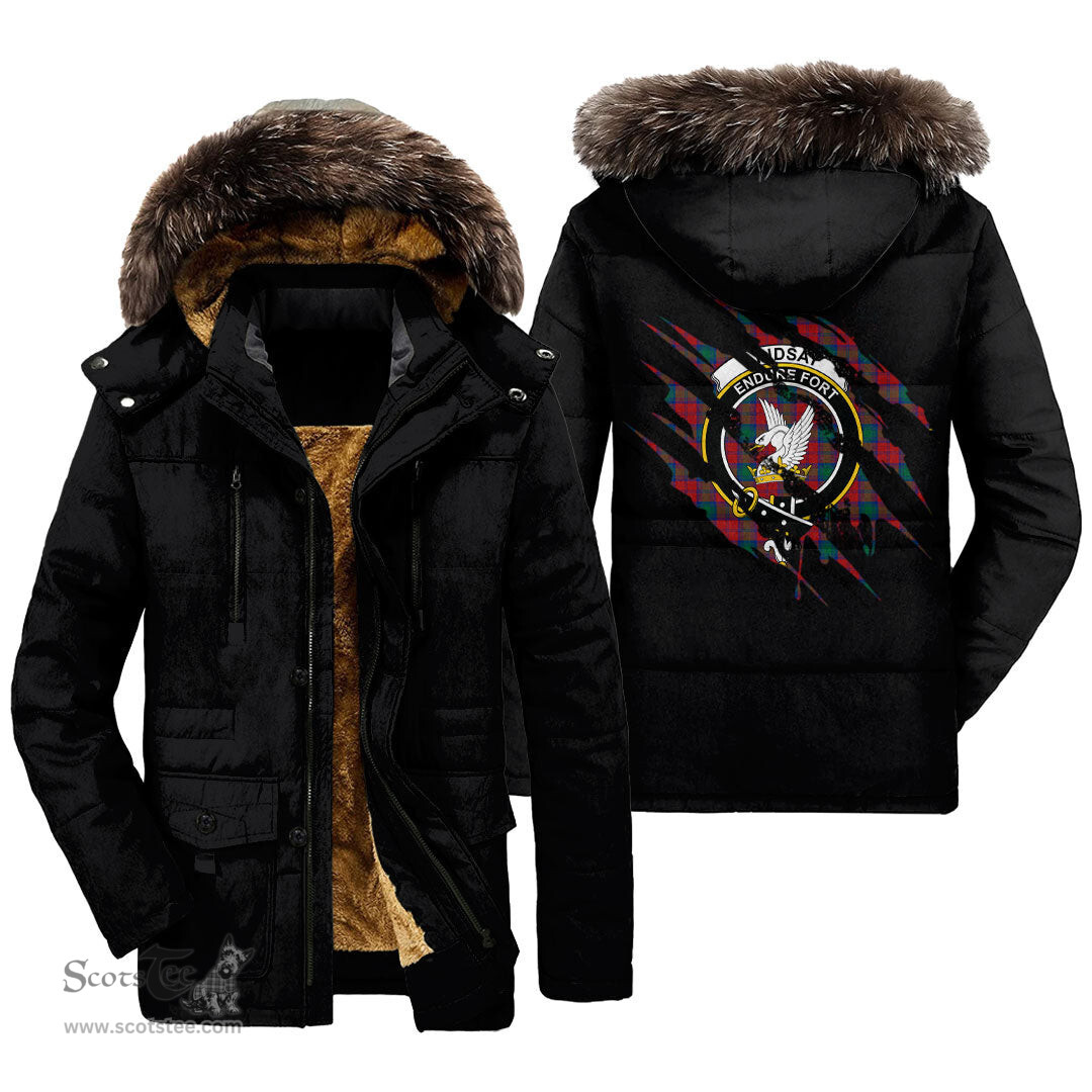 ScotsTee Shop Scottish Lindsay Modern Clan Crest Tartan Scratch Tartan Faux Fur Hooded Parka Jacket