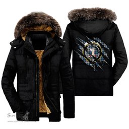 ScotsTee Shop Scottish Napier Modern Clan Crest Tartan Scratch Tartan Faux Fur Hooded Parka Jacket