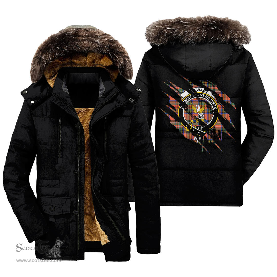 ScotsTee Shop Scottish Stewart Royal Ancient Clan Crest Tartan Scratch Tartan Faux Fur Hooded Parka Jacket