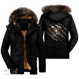 ScotsTee Shop Scottish Murray of Atholl Weathered Clan Crest Tartan Scratch Tartan Faux Fur Hooded Parka Jacket