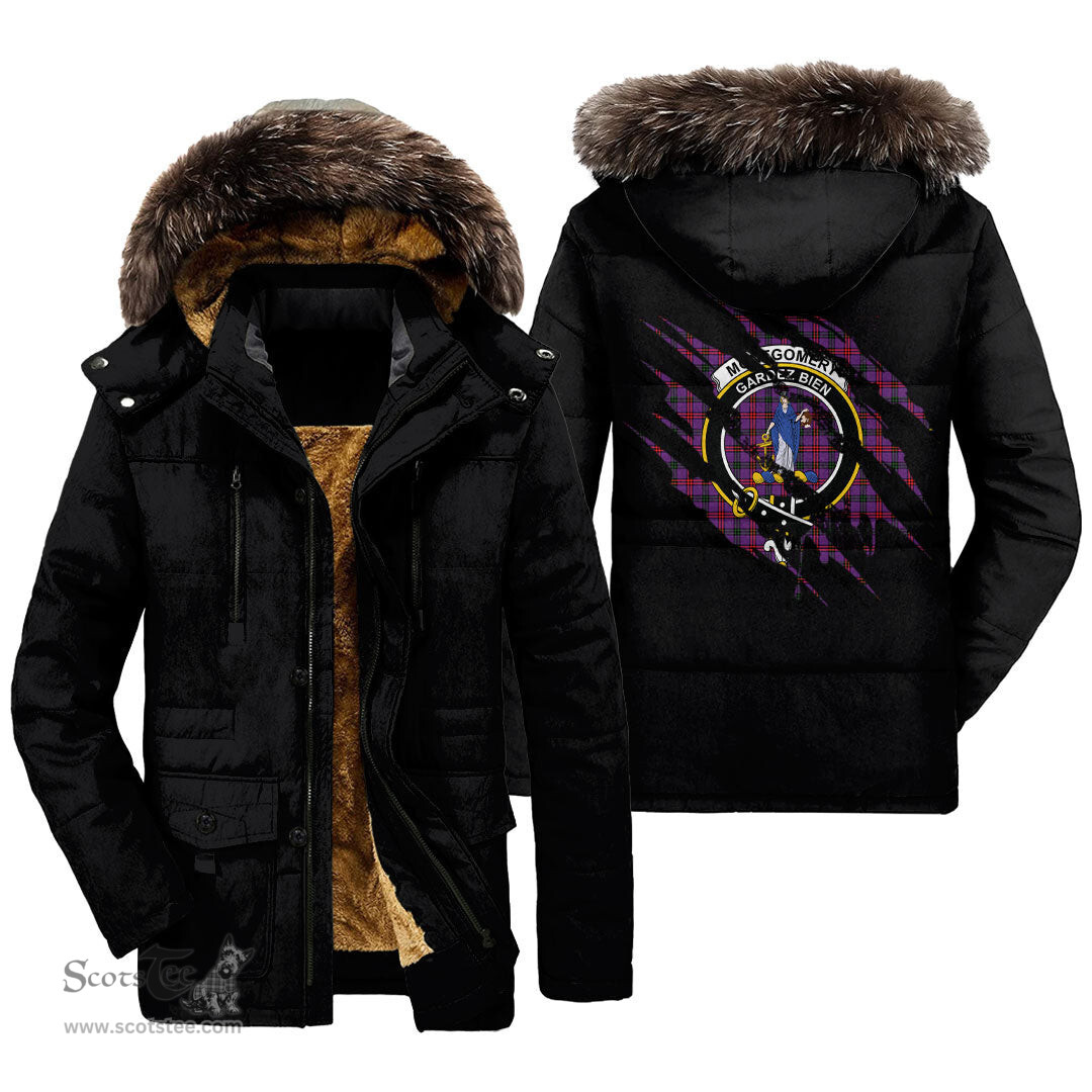 ScotsTee Shop Scottish Montgomery Modern Clan Crest Tartan Scratch Tartan Faux Fur Hooded Parka Jacket