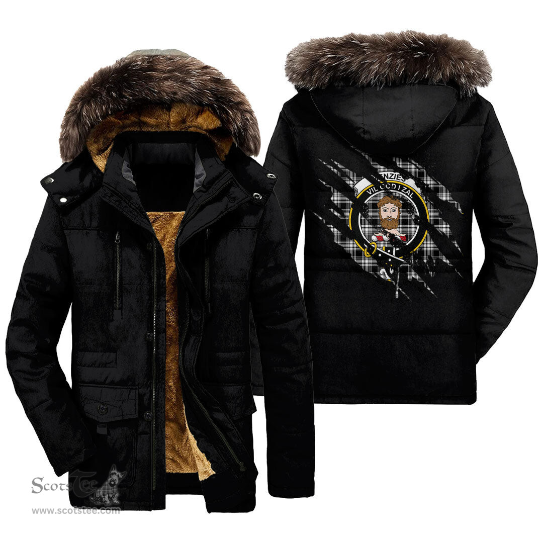 ScotsTee Shop Scottish Menzies Black White Modern Clan Crest Tartan Scratch Tartan Faux Fur Hooded Parka Jacket