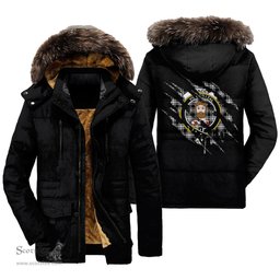 ScotsTee Shop Scottish Menzies Black White Modern Clan Crest Tartan Scratch Tartan Faux Fur Hooded Parka Jacket