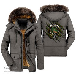ScotsTee Shop Scottish Maxwell Hunting Clan Crest Tartan Scratch Tartan Faux Fur Hooded Parka Jacket