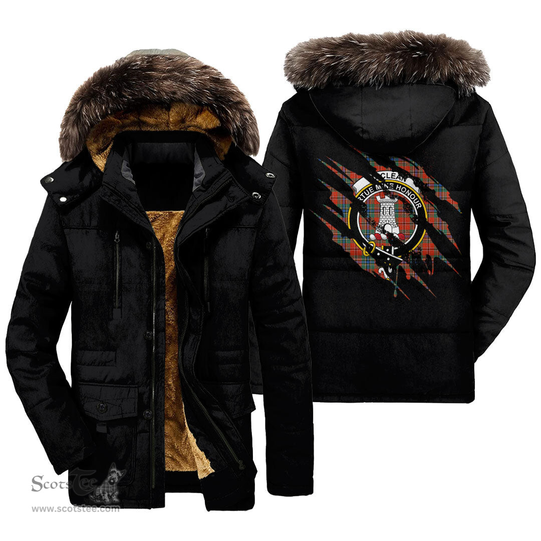 ScotsTee Shop Scottish MacLean of Duart Ancient Clan Crest Tartan Scratch Tartan Faux Fur Hooded Parka Jacket