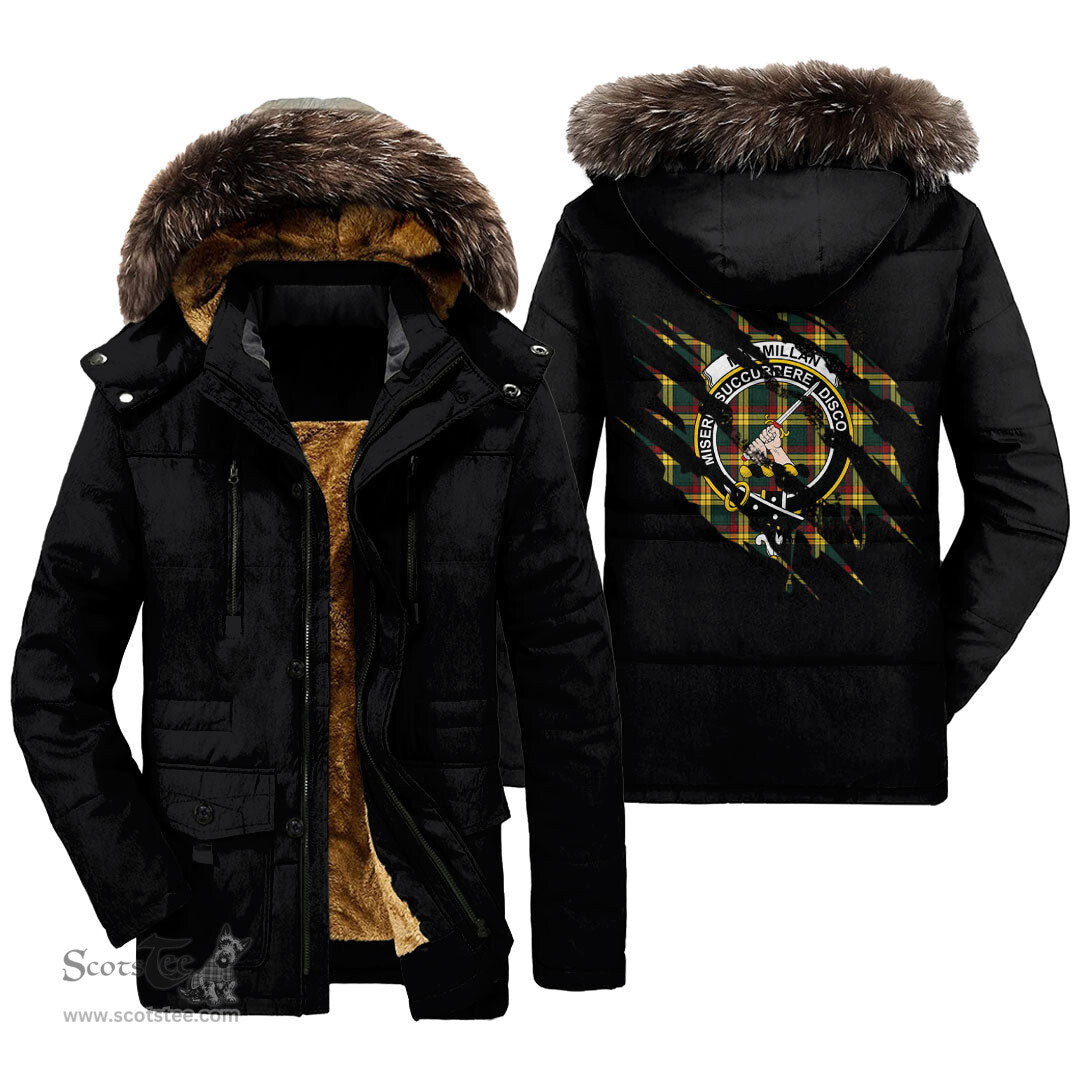 ScotsTee Shop Scottish MacMillan Old Modern Clan Crest Tartan Scratch Tartan Faux Fur Hooded Parka Jacket