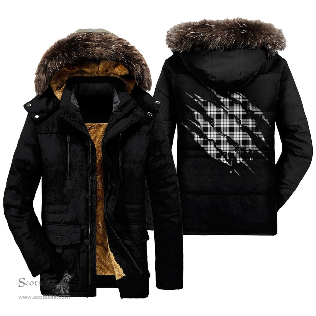 ScotsTee Shop Scottish Menzies Black White Modern Clan Tartan Scratch Tartan Faux Fur Hooded Parka Jacket