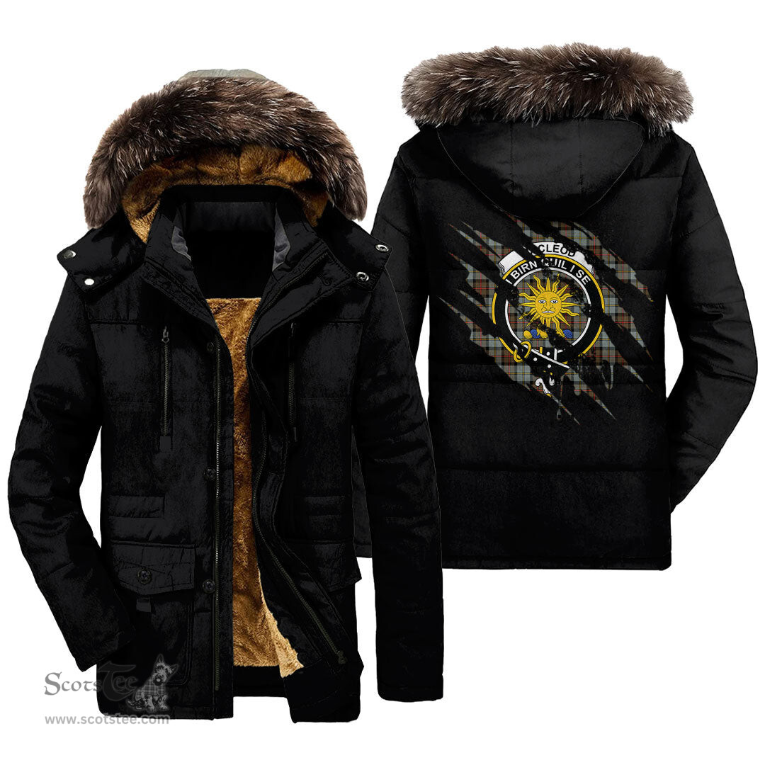 ScotsTee Shop Scottish MacLeod of Harris Weathered Clan Crest Tartan Scratch Tartan Faux Fur Hooded Parka Jacket