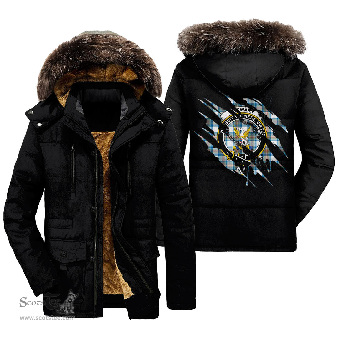 ScotsTee Shop Scottish Stewart Muted Blue Clan Crest Tartan Scratch Tartan Faux Fur Hooded Parka Jacket
