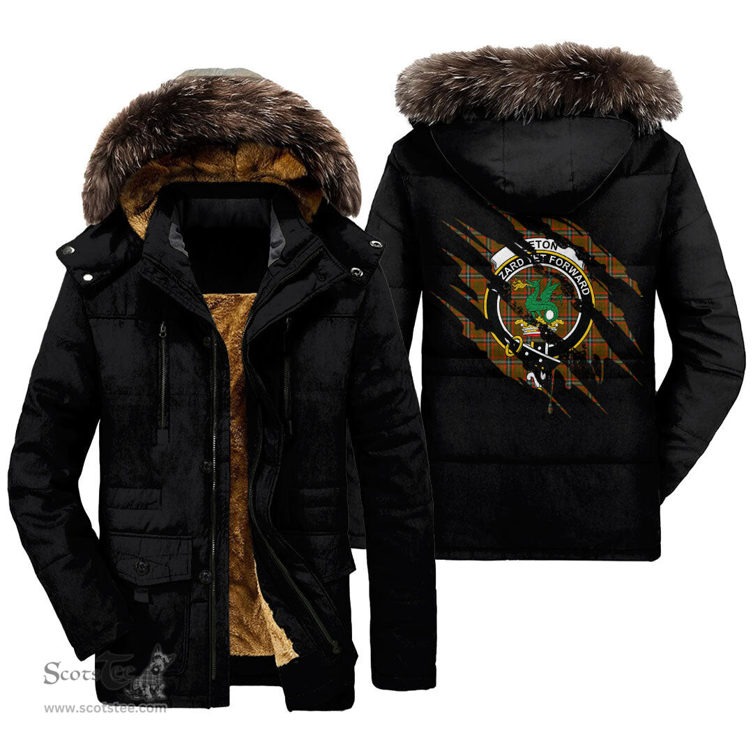 ScotsTee Shop Scottish Seton Hunting Modern Clan Crest Tartan Scratch Tartan Faux Fur Hooded Parka Jacket