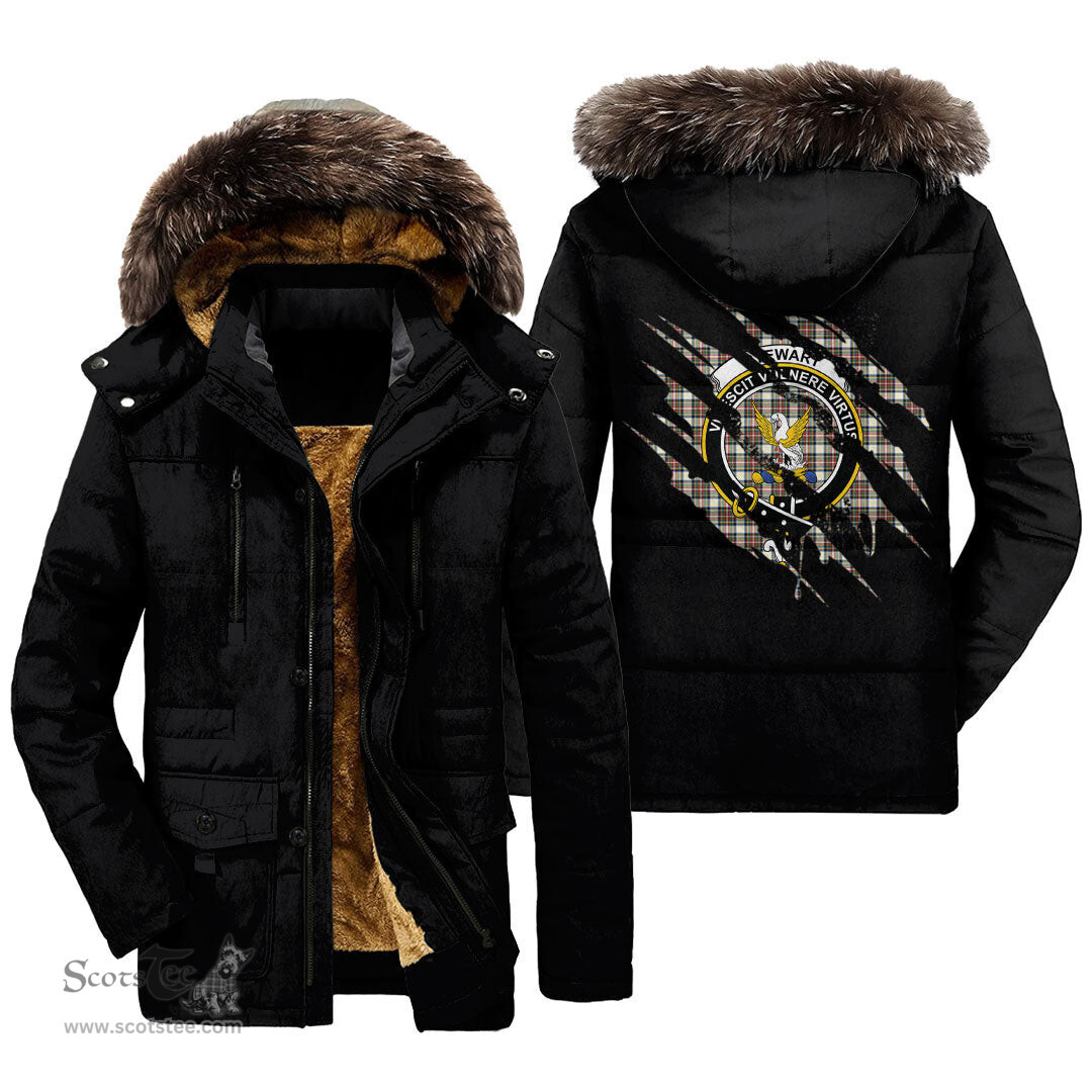 ScotsTee Shop Scottish Stewart Dress Ancient Clan Crest Tartan Scratch Tartan Faux Fur Hooded Parka Jacket