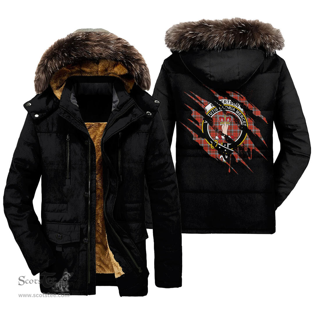 ScotsTee Shop Scottish Robertson Weathered Clan Crest Tartan Scratch Tartan Faux Fur Hooded Parka Jacket