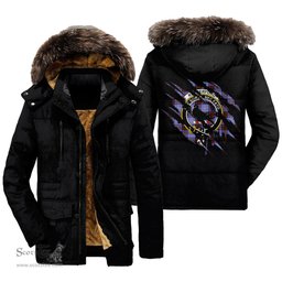 ScotsTee Shop Scottish Rutherford Clan Crest Tartan Scratch Tartan Faux Fur Hooded Parka Jacket