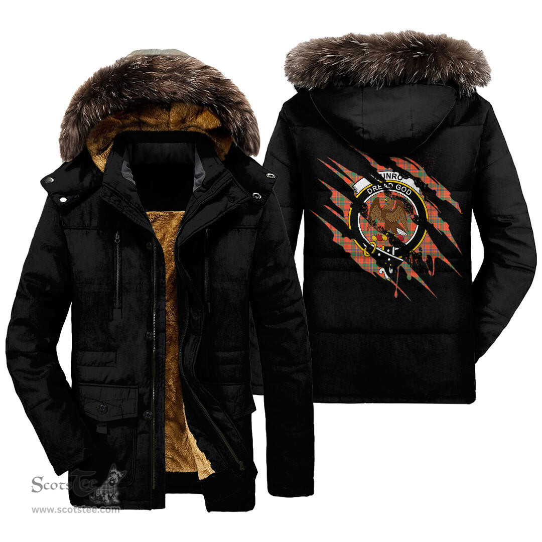 ScotsTee Shop Scottish Munro Ancient Clan Crest Tartan Scratch Tartan Faux Fur Hooded Parka Jacket
