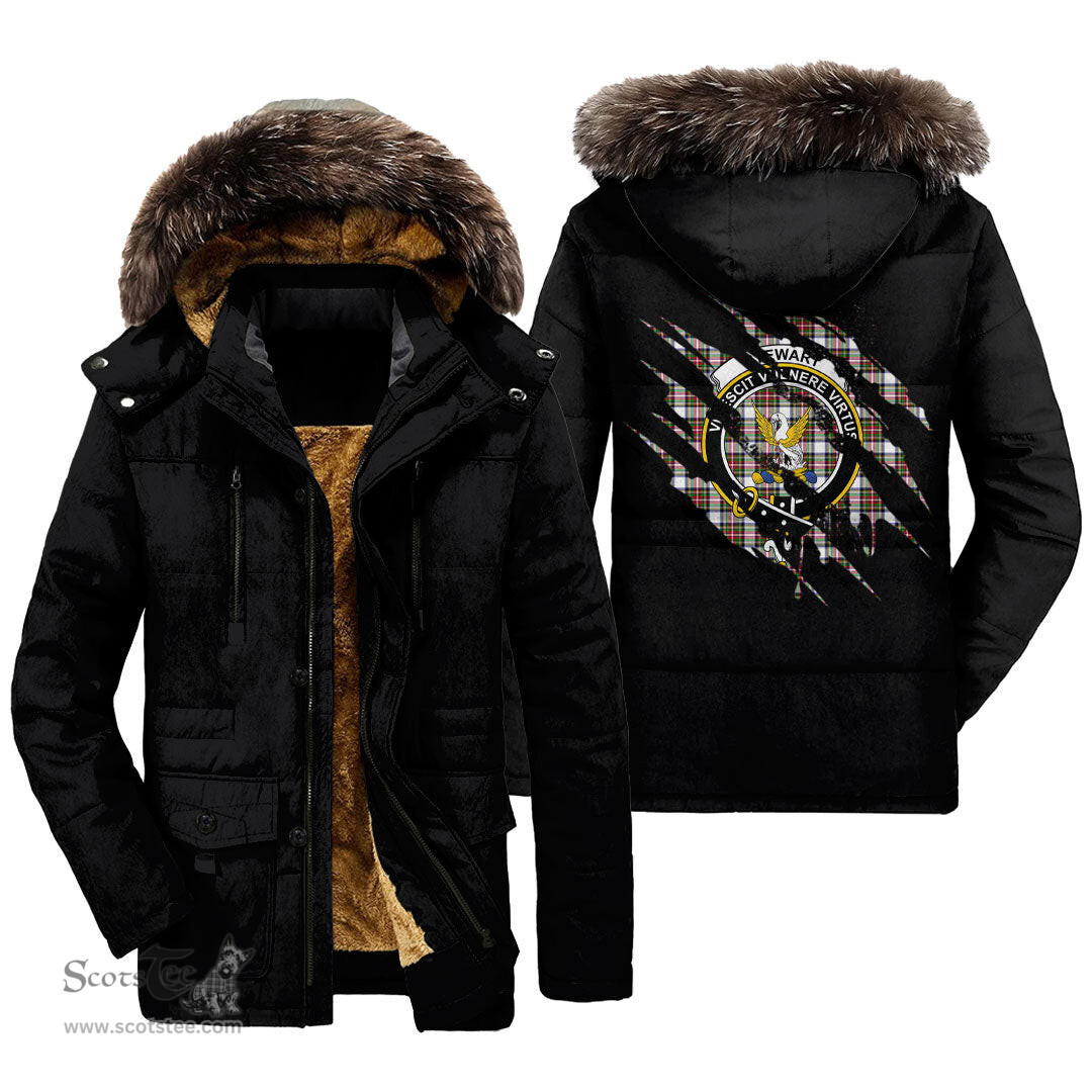 ScotsTee Shop Scottish Stewart Dress Modern Clan Crest Tartan Scratch Tartan Faux Fur Hooded Parka Jacket
