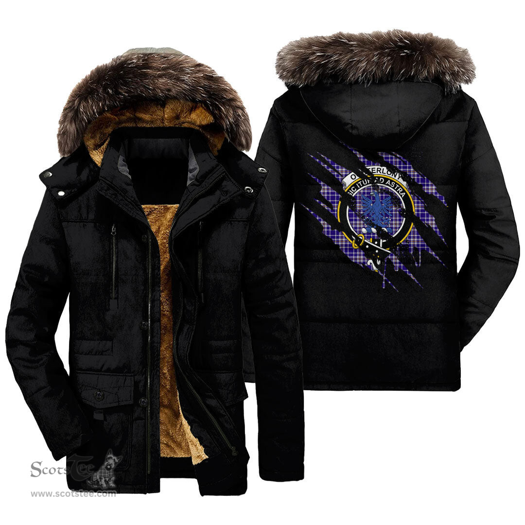 ScotsTee Shop Scottish Ochterlony Clan Crest Tartan Scratch Tartan Faux Fur Hooded Parka Jacket