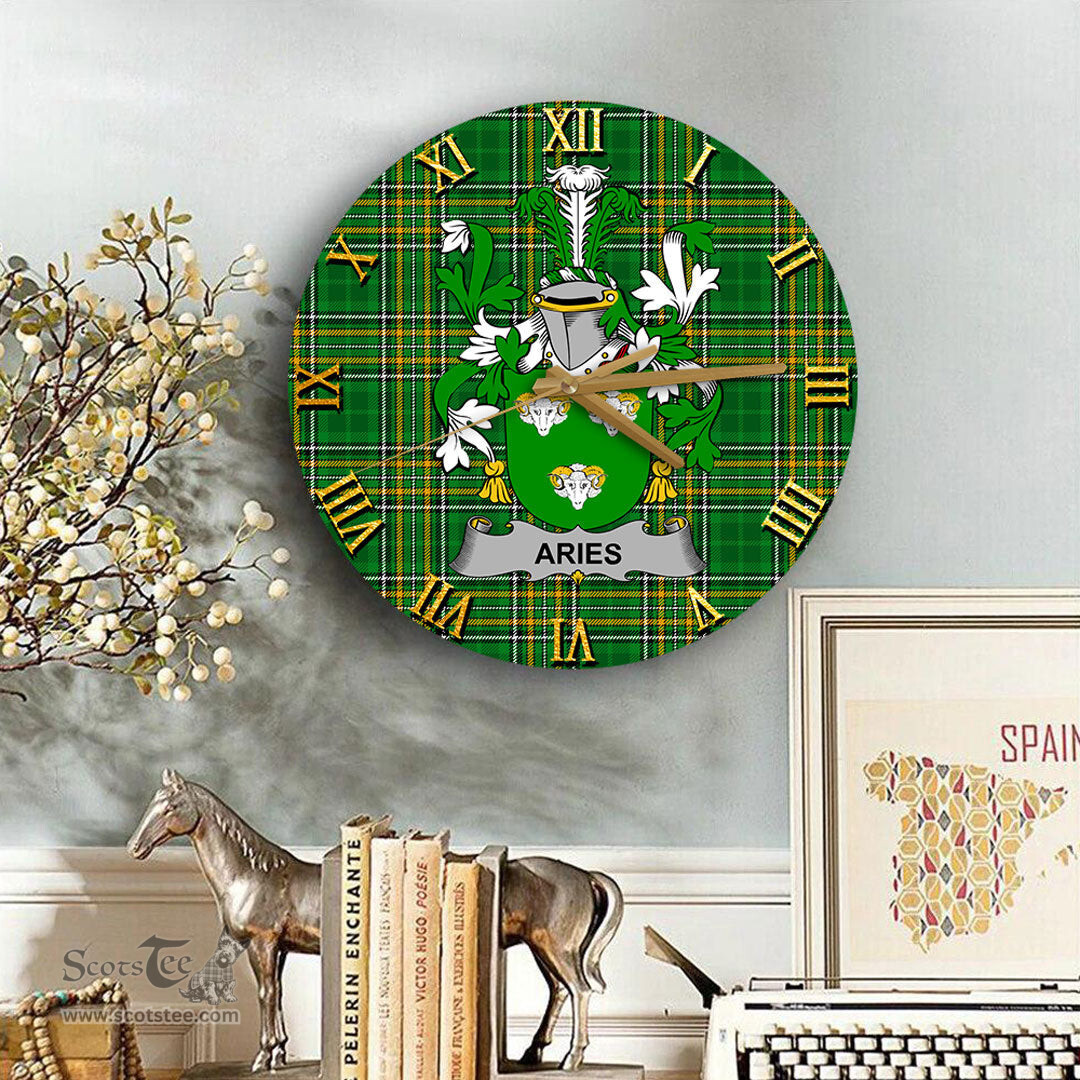 ScotsTee Shop Irish Aries Coat of Arms Family Crest Ireland Wooden Wall Clock Irish National Tartan Irish County Wall Clocks