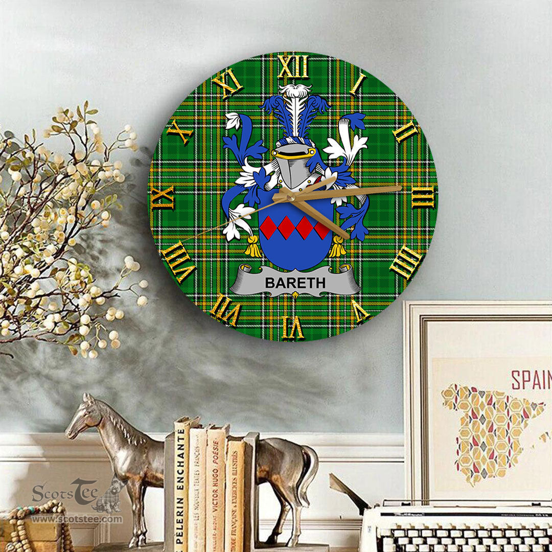 ScotsTee Shop Irish Bareth Coat of Arms Family Crest Ireland Wooden Wall Clock Irish National Tartan Irish County Wall Clocks