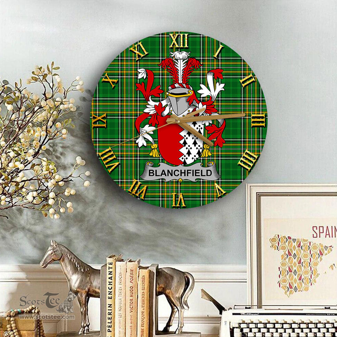 ScotsTee Shop Irish Blanchfield Coat of Arms Family Crest Ireland Wooden Wall Clock Irish National Tartan Irish County Wall Clocks