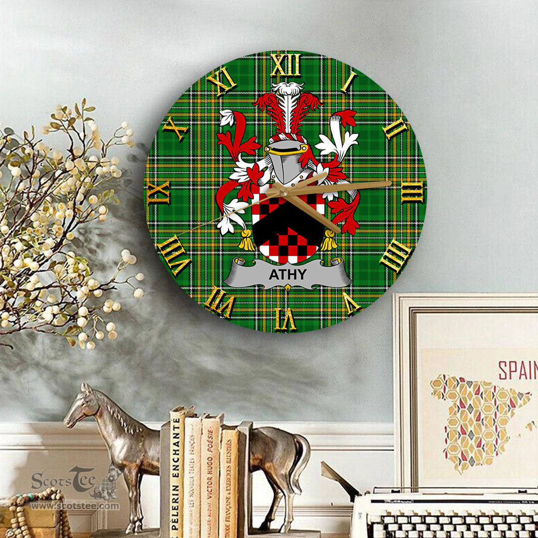 ScotsTee Shop Irish Athy Coat of Arms Family Crest Ireland Wooden Wall Clock Irish National Tartan Irish County Wall Clocks