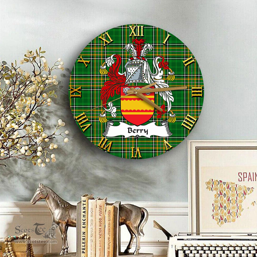 ScotsTee Shop Irish Berry Coat of Arms Family Crest Ireland Wooden Wall Clock Irish National Tartan Irish County Wall Clocks