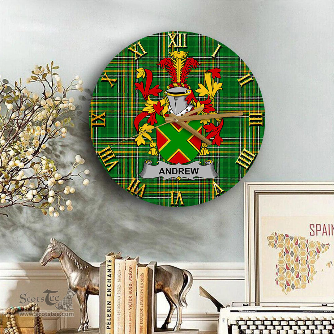 ScotsTee Shop Irish Andrew Coat of Arms Family Crest Ireland Wooden Wall Clock Irish National Tartan Irish County Wall Clocks