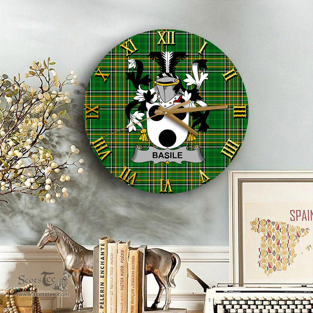 ScotsTee Shop Irish Basile Coat of Arms Family Crest Ireland Wooden Wall Clock Irish National Tartan Irish County Wall Clocks