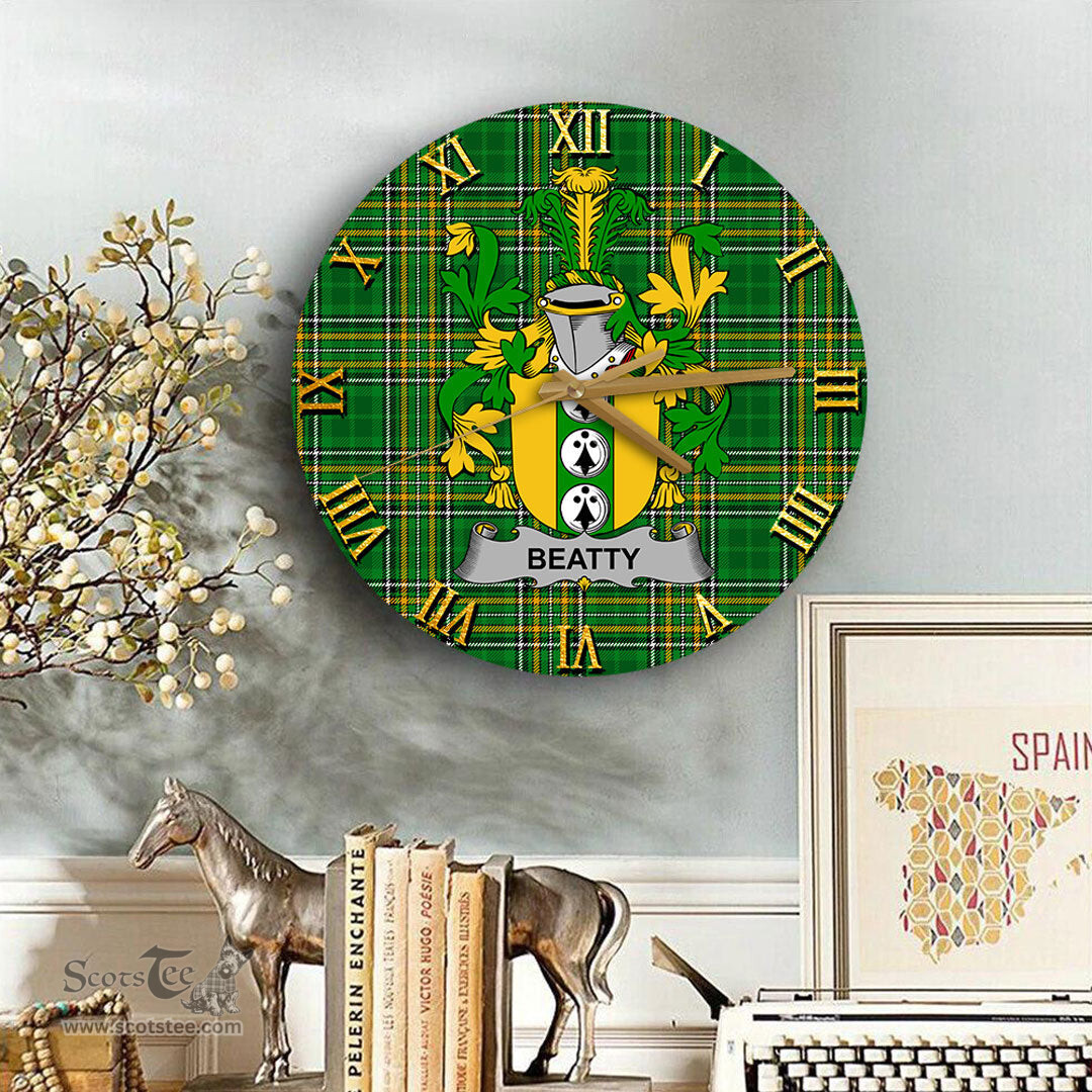 ScotsTee Shop Irish Beatty or Betagh Coat of Arms Family Crest Ireland Wooden Wall Clock Irish National Tartan Irish County Wall Clocks