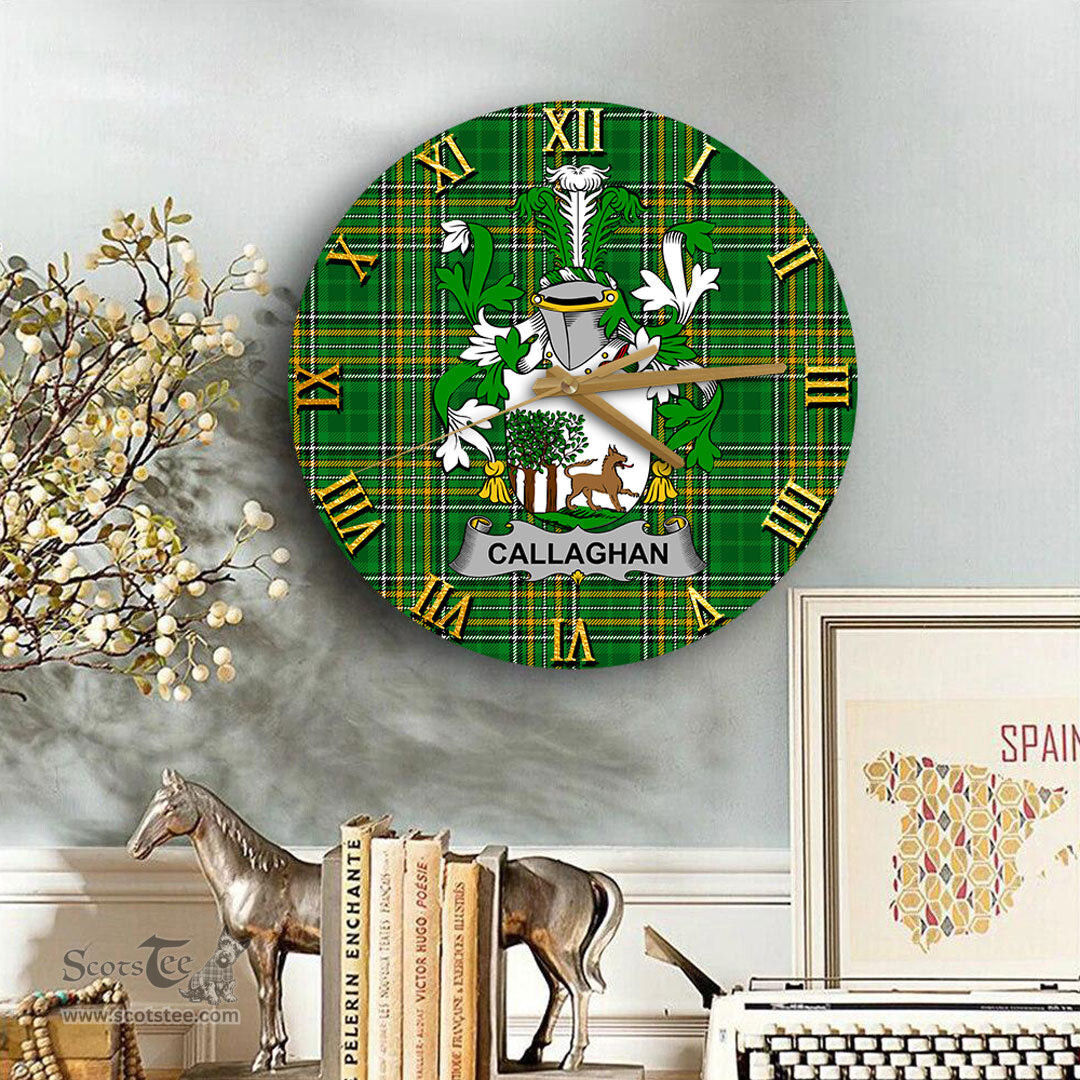 ScotsTee Shop Irish Callaghan or O Callaghan Coat of Arms Family Crest Ireland Wooden Wall Clock Irish National Tartan Irish County Wall Clocks