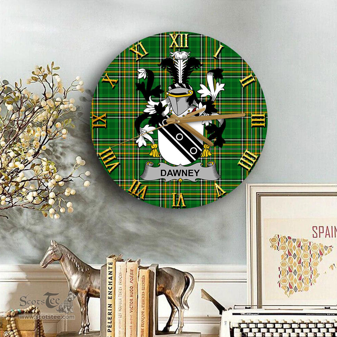 ScotsTee Shop Irish Dawney or Dawnay Coat of Arms Family Crest Ireland Wooden Wall Clock Irish National Tartan Irish County Wall Clocks
