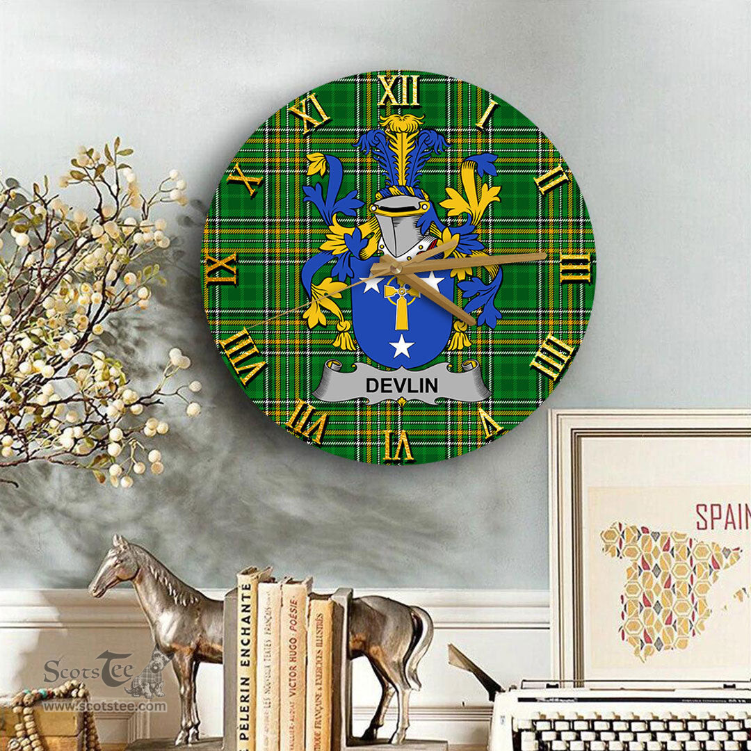 ScotsTee Shop Irish Devlin or O Devlin Coat of Arms Family Crest Ireland Wooden Wall Clock Irish National Tartan Irish County Wall Clocks