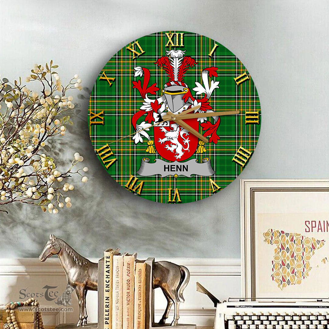 ScotsTee Shop Irish Henn Coat of Arms Family Crest Ireland Wooden Wall Clock Irish National Tartan Irish County Wall Clocks