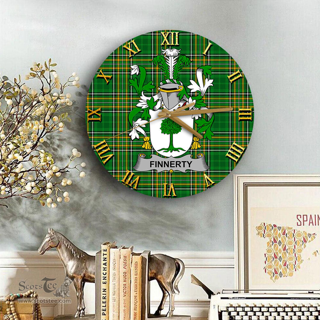 ScotsTee Shop Irish Finnerty or O Finaghty Coat of Arms Family Crest Ireland Wooden Wall Clock Irish National Tartan Irish County Wall Clocks
