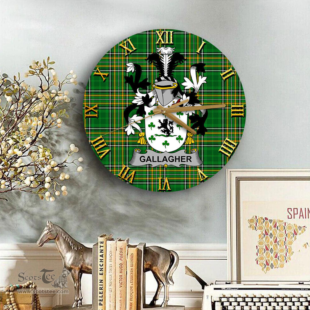 ScotsTee Shop Irish Gallagher or O Gallagher Coat of Arms Family Crest Ireland Wooden Wall Clock Irish National Tartan Irish County Wall Clocks