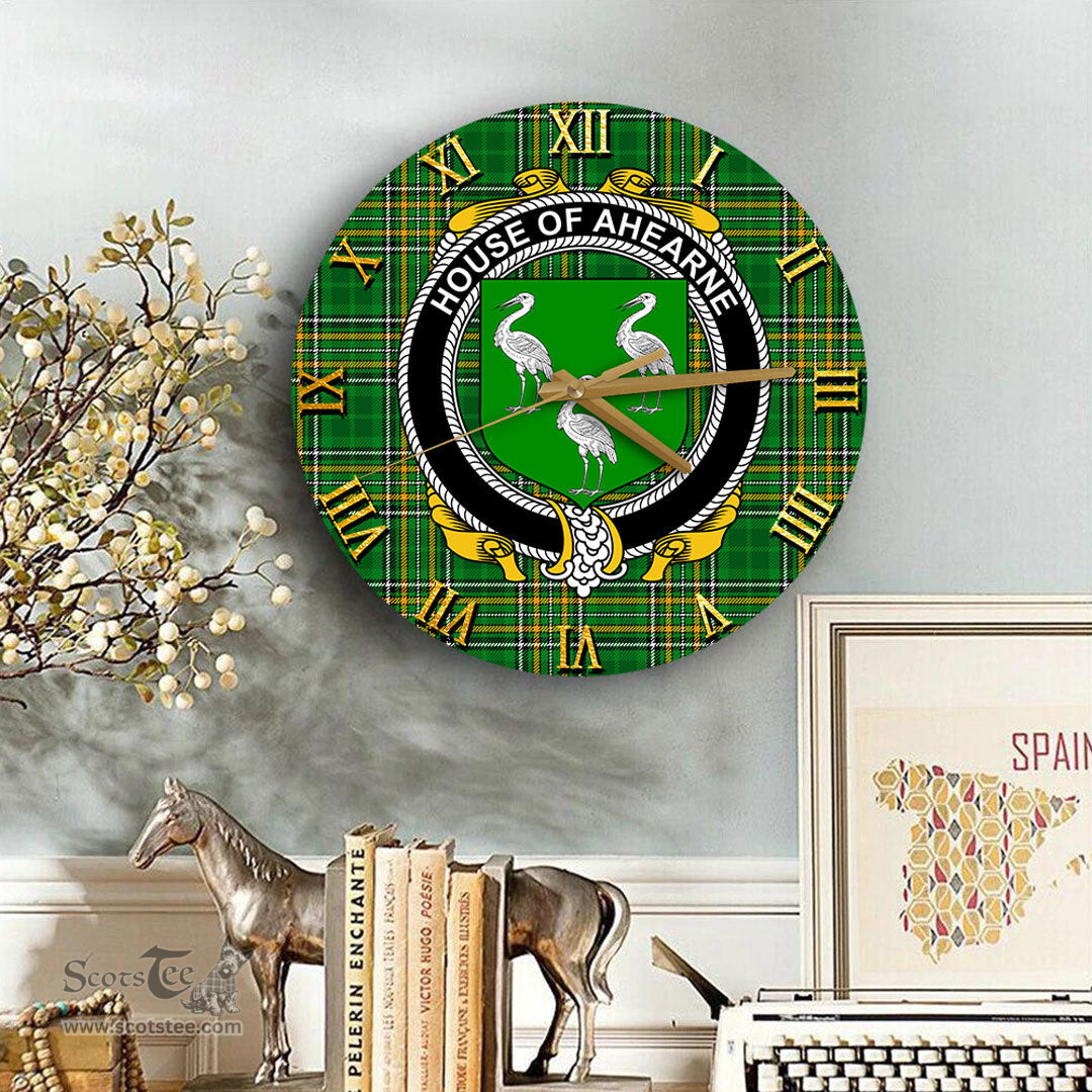 ScotsTee Shop Irish House of AHEARNE Aherne Coat of Arms Family Crest Ireland Wooden Wall Clock Irish National Tartan Irish County Wall Clocks