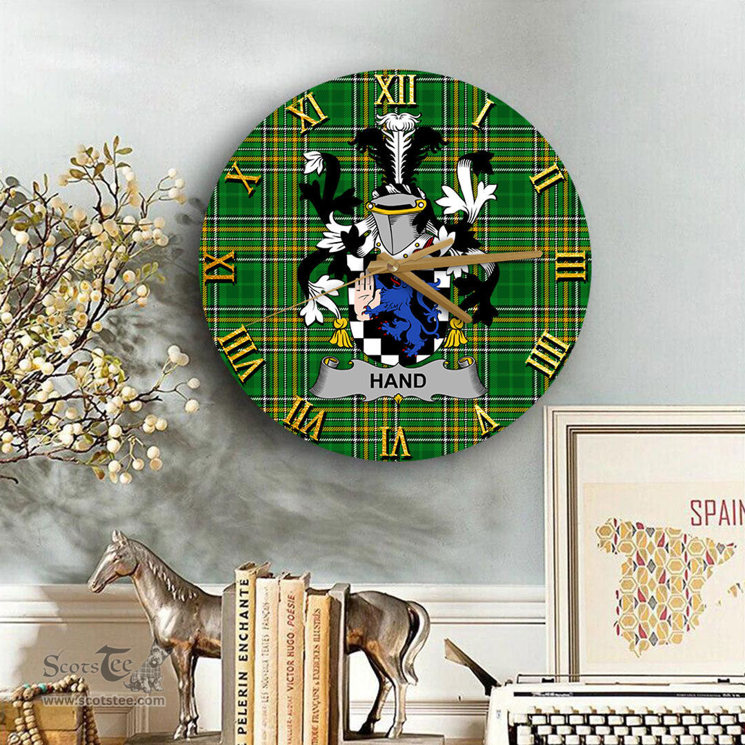 ScotsTee Shop Irish Hand or McClave Coat of Arms Family Crest Ireland Wooden Wall Clock Irish National Tartan Irish County Wall Clocks