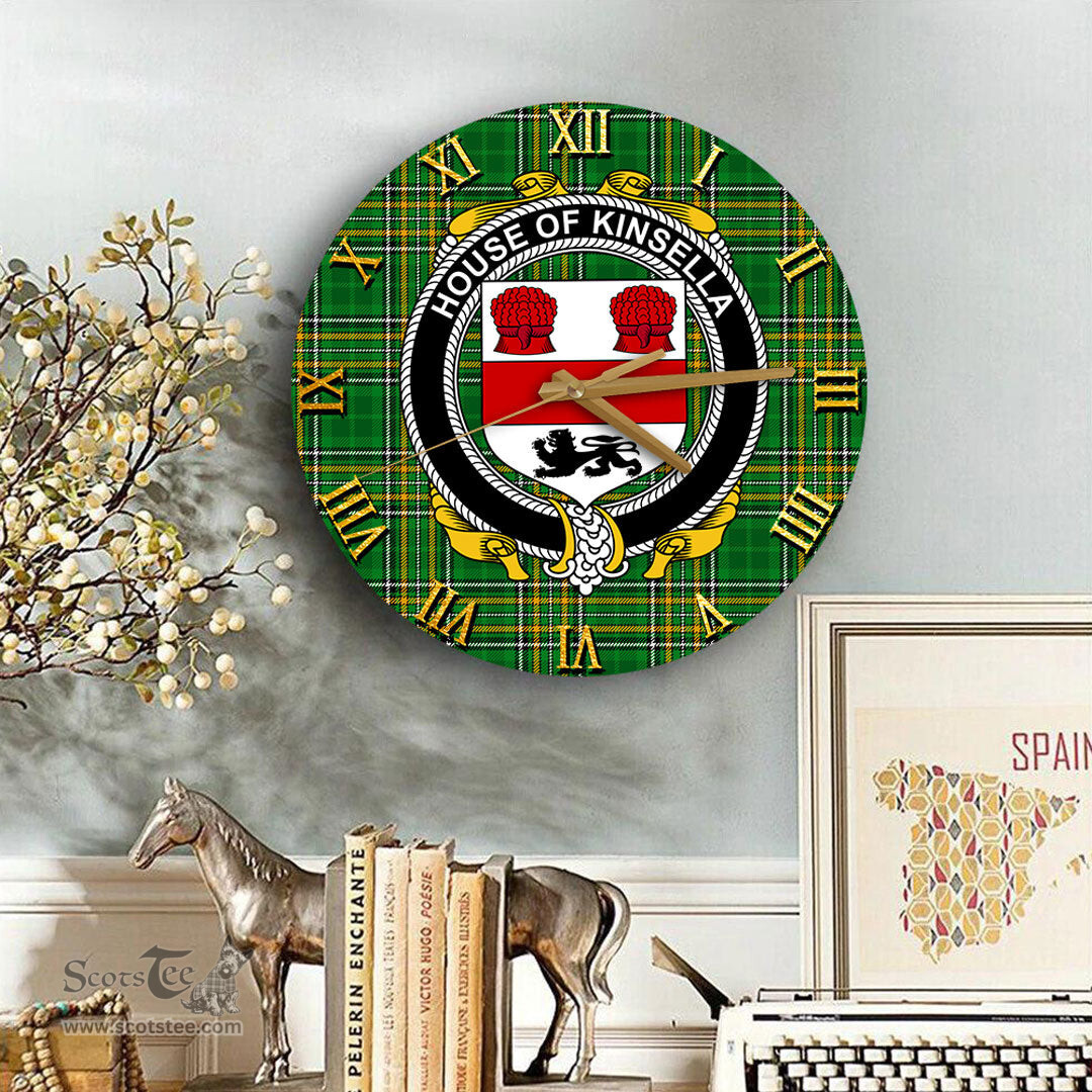 ScotsTee Shop Irish House of KINSELLA Coat of Arms Family Crest Ireland Wooden Wall Clock Irish National Tartan Irish County Wall Clocks