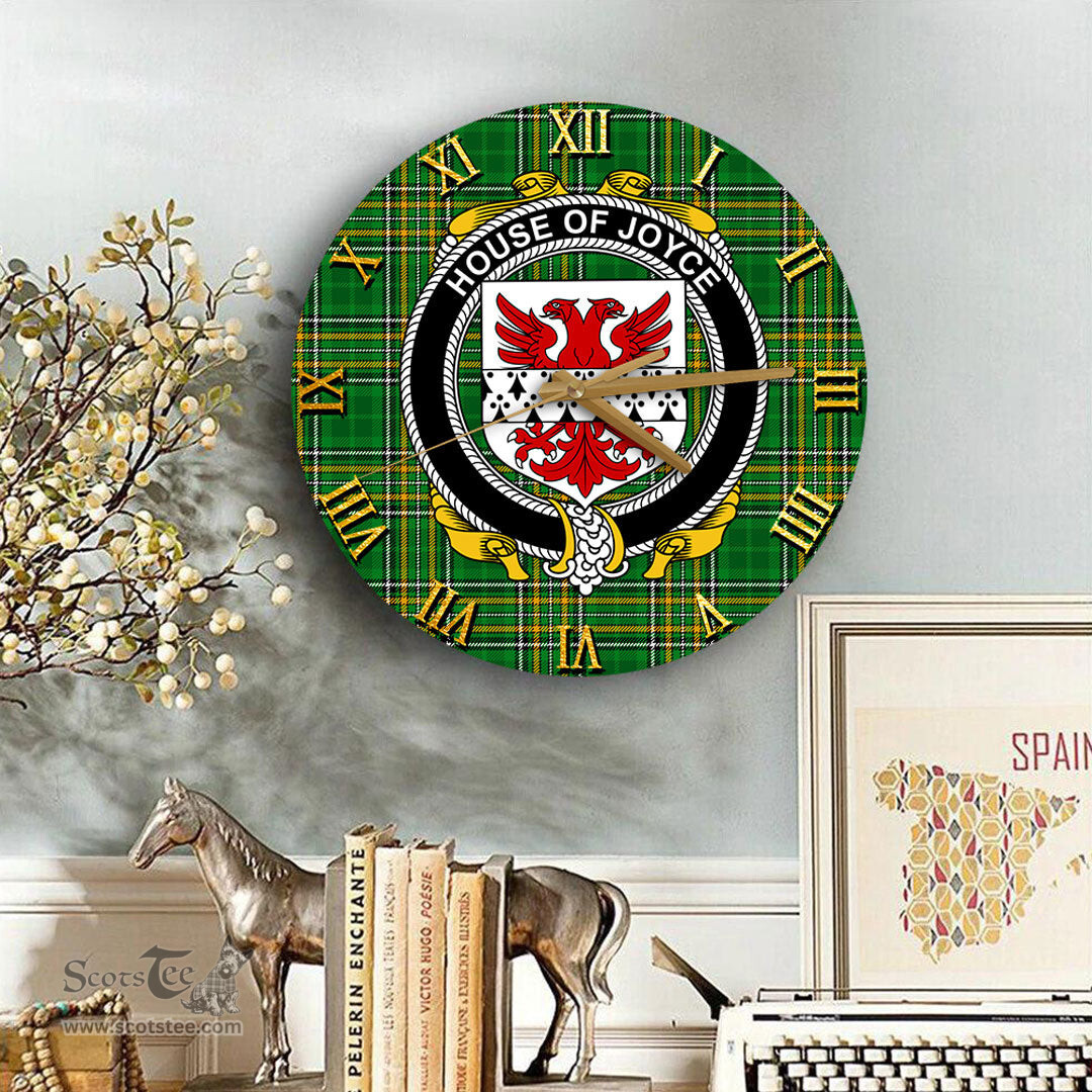 ScotsTee Shop Irish House of JOYCE Coat of Arms Family Crest Ireland Wooden Wall Clock Irish National Tartan Irish County Wall Clocks
