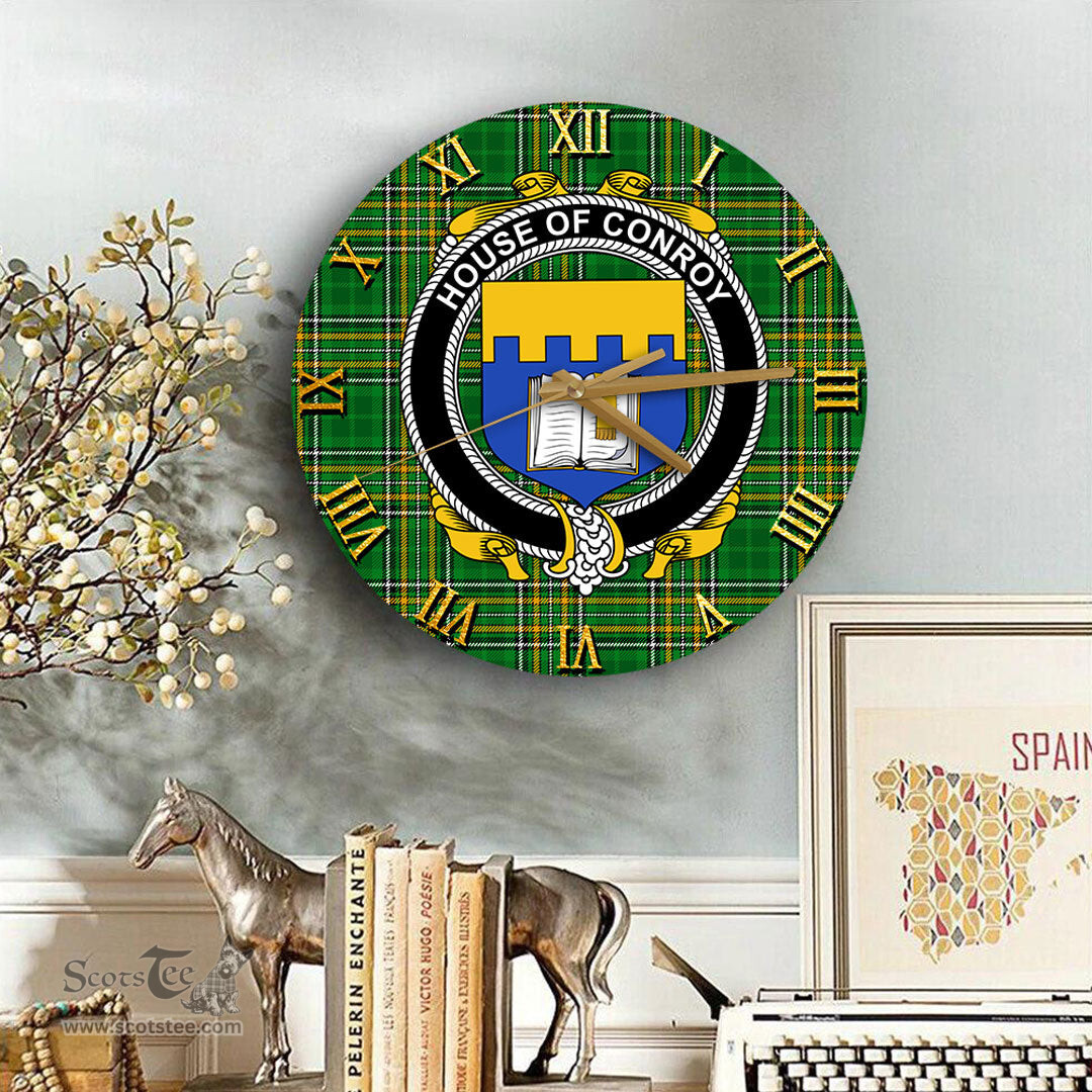 ScotsTee Shop Irish House of CONROY O MULCONRY Coat of Arms Family Crest Ireland Wooden Wall Clock Irish National Tartan Irish County Wall Clocks