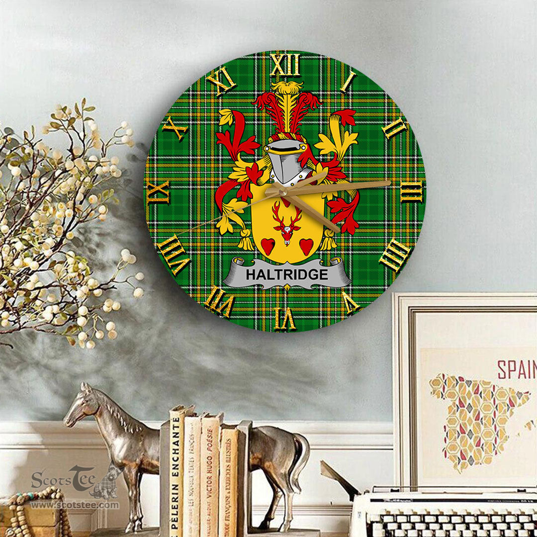 ScotsTee Shop Irish Haltridge Coat of Arms Family Crest Ireland Wooden Wall Clock Irish National Tartan Irish County Wall Clocks