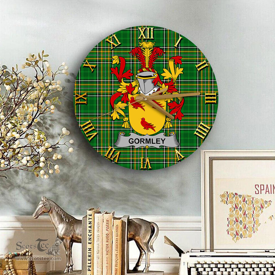 ScotsTee Shop Irish Gormley or O Gormley Coat of Arms Family Crest Ireland Wooden Wall Clock Irish National Tartan Irish County Wall Clocks