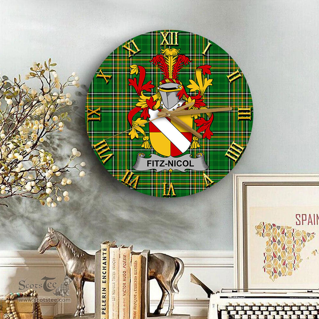 ScotsTee Shop Irish Fitz Nicol Coat of Arms Family Crest Ireland Wooden Wall Clock Irish National Tartan Irish County Wall Clocks