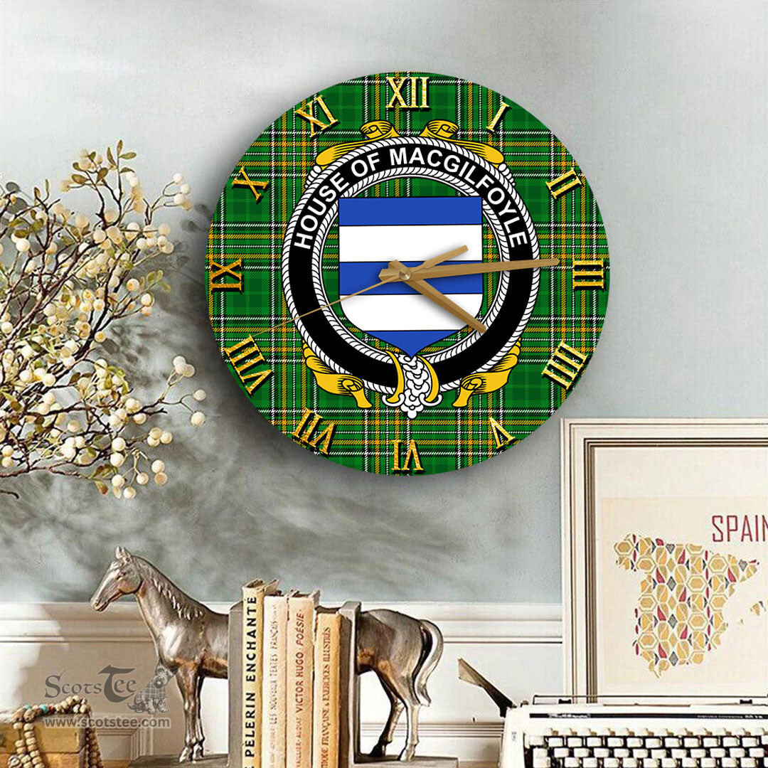 ScotsTee Shop Irish House of MACGILFOYLE Coat of Arms Family Crest Ireland Wooden Wall Clock Irish National Tartan Irish County Wall Clocks