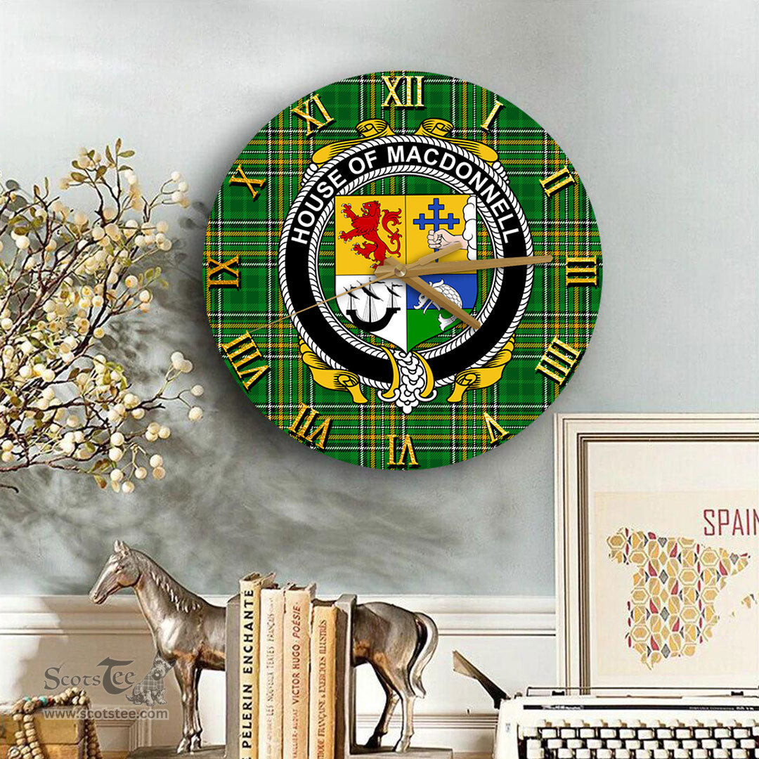 ScotsTee Shop Irish House of MACDONNELL of the Glens Coat of Arms Family Crest Ireland Wooden Wall Clock Irish National Tartan Irish County Wall Clocks